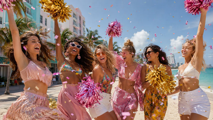 Young women cheering with pink and gold pom-poms and confetti on Miami Beach