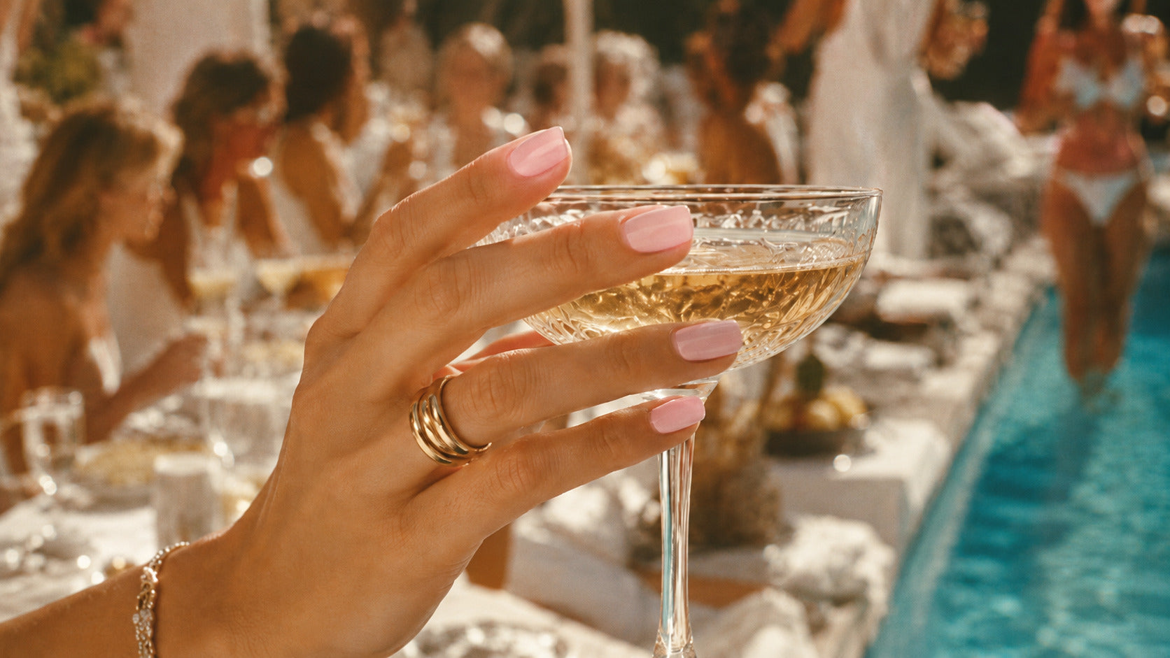 Soirée en Blanc rooftop scene at Sofitel Beverly Hills with Bon Nails Lotus Pink press-on